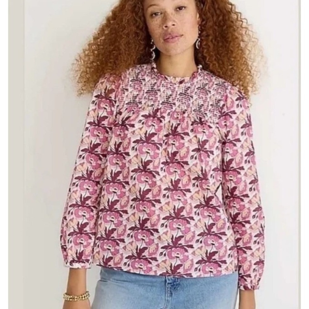 J. Crew‎ Liberty Smocked Long Sleeve Pullover Pink Floral Blouse Top Cottagecore